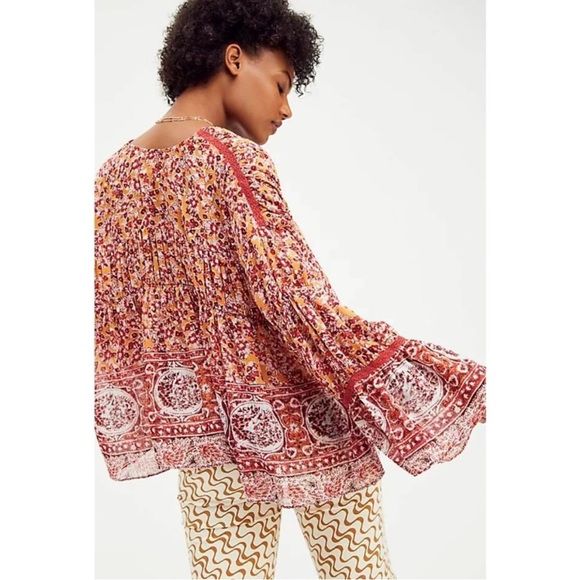 Free People Lorraine Floral Tie Front Blouse - Red and Orange - Picture 3 of 5